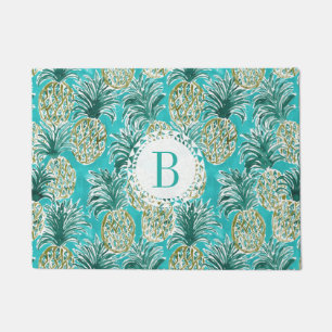 PINEAPPLE O'CLOCK Tropical Watercolor Monogram Doormat