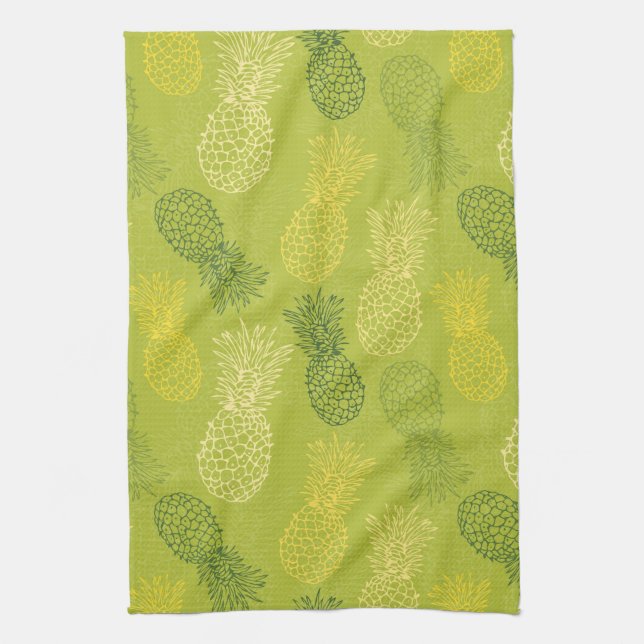 Pineapple Outline Pattern on Green Tea Towel (Vertical)