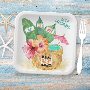Pineapple Palm Hibiscus Tropical Beach Baby Shower Paper Plate