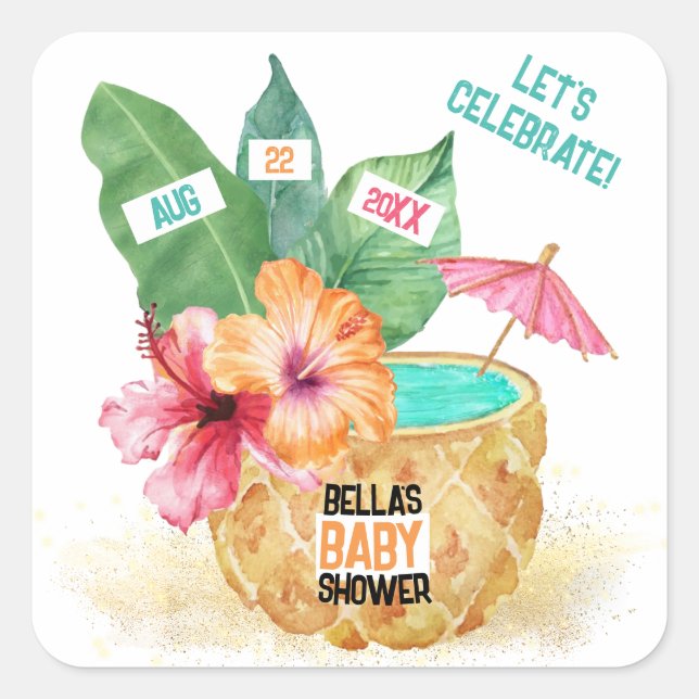Pineapple Palm Hibiscus Tropical Beach Baby Shower Square Sticker (Front)
