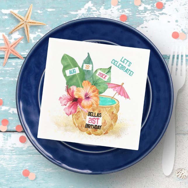 Pineapple Palm Hibiscus Tropical Cocktail Birthday Napkin (Creator Uploaded)