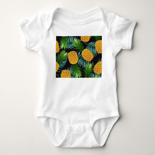 Pineapple Palms Black Tapestry Baby Bodysuit (Front)