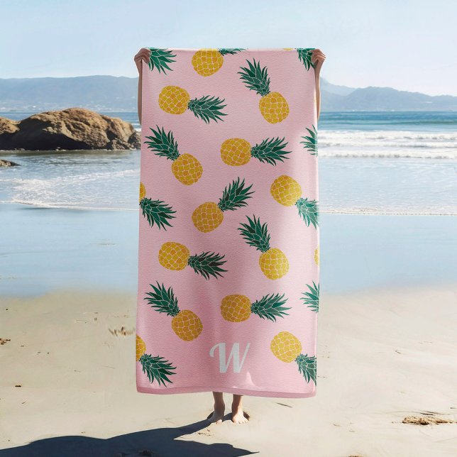 Pineapple Pattern Pink Tropical Monogram Beach Towel (Creator Uploaded)