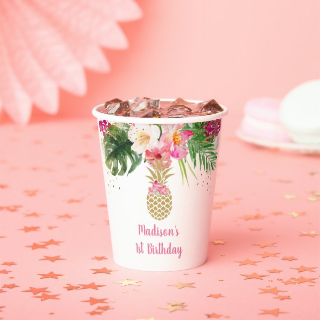 Pineapple Pink Gold Floral Birthday Paper Cups (Insitu)