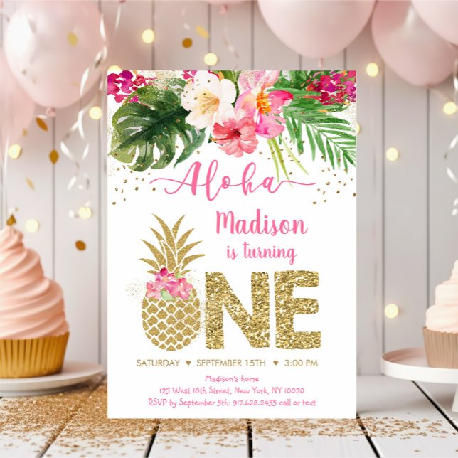 Pineapple Pink Gold Floral First Birthday Invitation (Creator Uploaded)