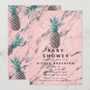 Pineapple & Pink Marble Swirl Modern Baby Shower Invitation
