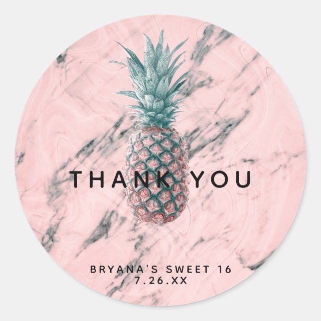 Pineapple Pink Marble Swirl Modern Party Favour Classic Round Sticker (Front)