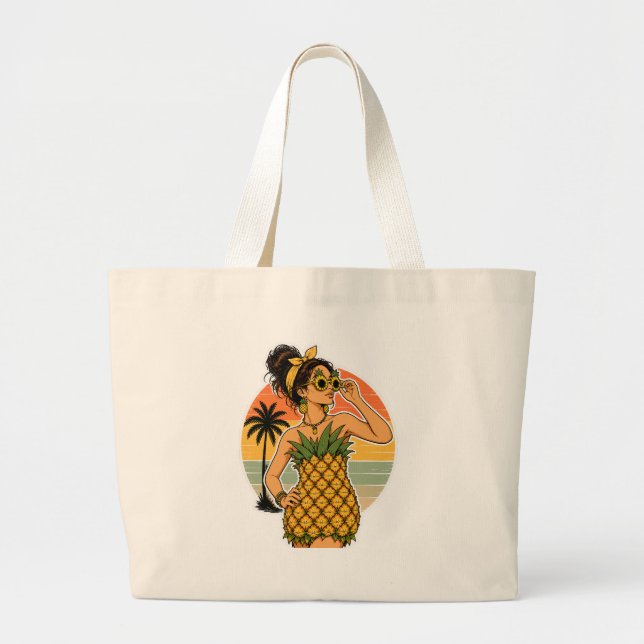 Pineapple Queen Retro Tropical Summer Vibes Large Tote Bag (Front)