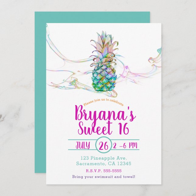 Pineapple Rainbow Colour Splash Sweet 16 Party Invitation (Front/Back)