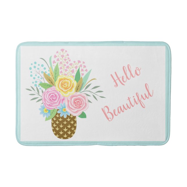 Pineapple Rose Bouquet Hello Beautiful Pink Yellow Bath Mat (Front)