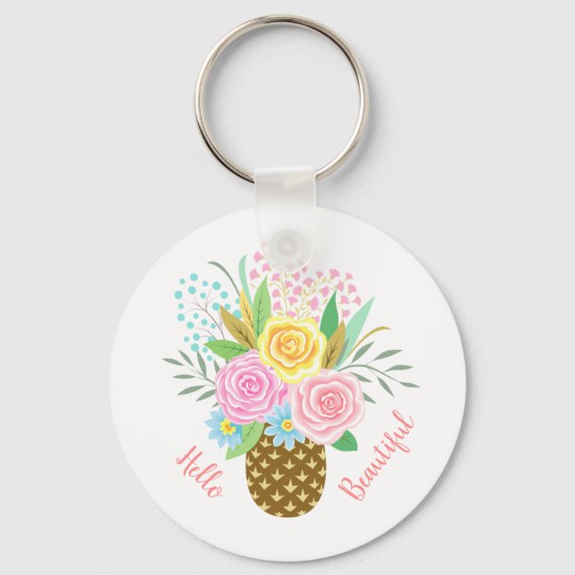 Pineapple Rose Bouquet Hello Beautiful Pink Yellow Key Ring (Front)