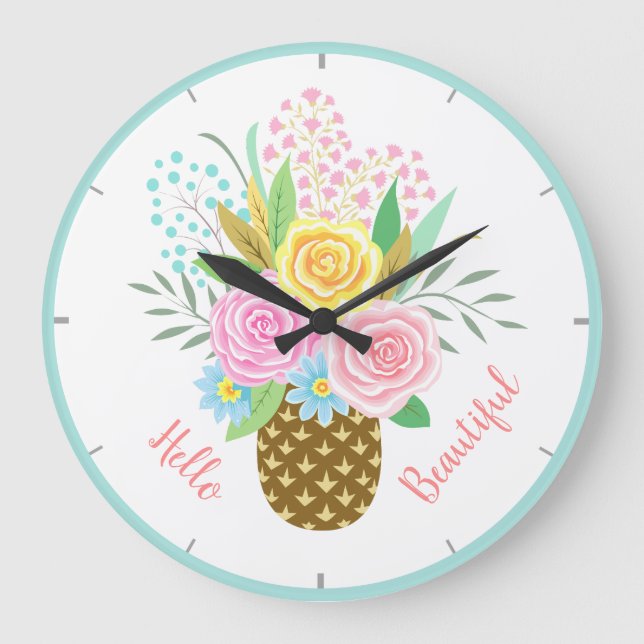 Pineapple Rose Bouquet Hello Beautiful Pink Yellow Large Clock (Front)