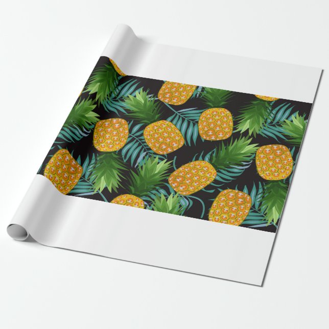 Pineapple seamless pattern with palm leaves on bla wrapping paper (Unrolled)