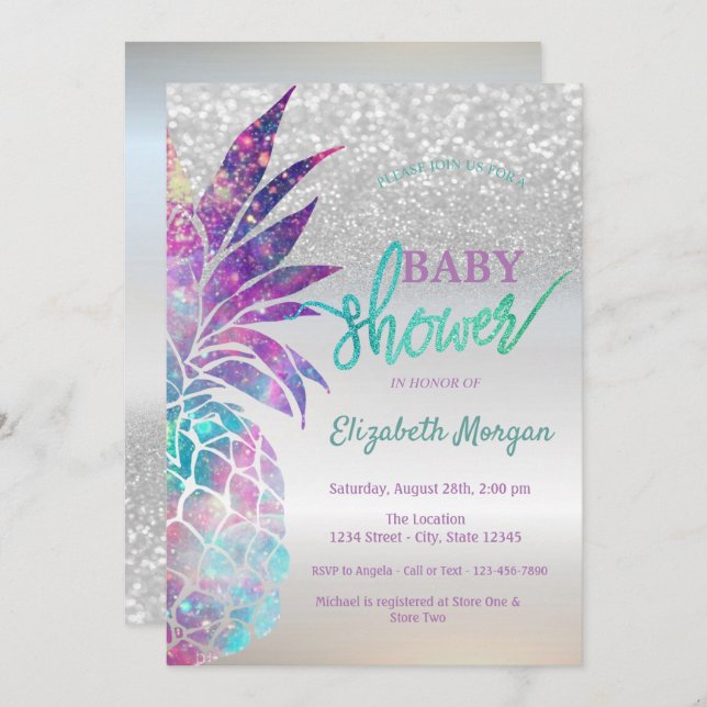 Pineapple Silver Glitter Bokeh Baby Shower Invitation (Front/Back)