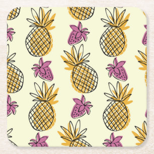 Pineapple, strawberry vintage textile design. square paper coaster