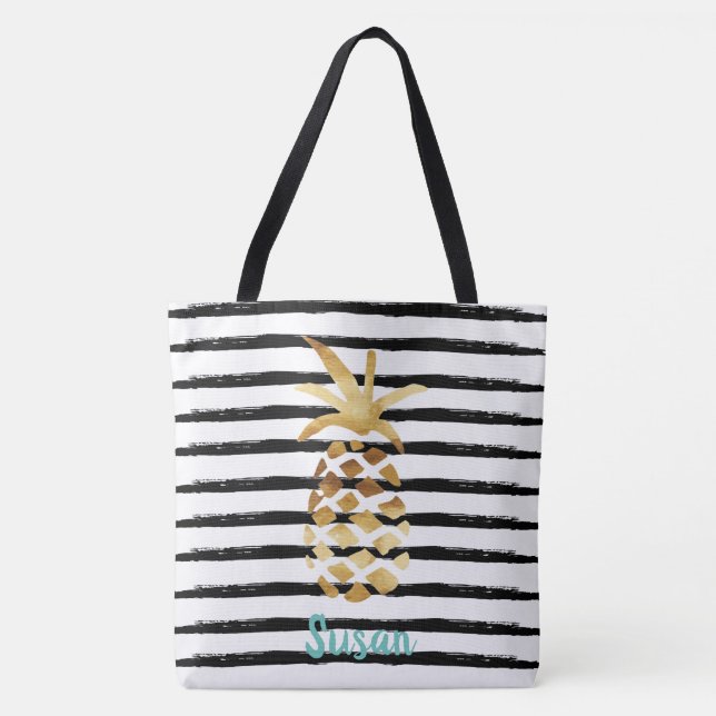 Pineapple & Stripes Tote - Customize with Name Bag (Front)
