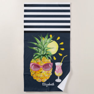  Pineapple Sun Cocktail Navy Blue Striped  Beach Towel