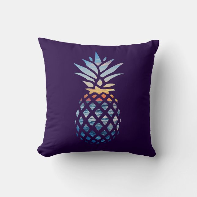 Pineapple Sunset and Blue Ocean Waves Cushion (Front)