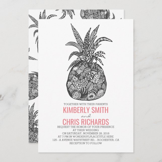 Pineapple Tropical Beach Wedding Invitation (Front/Back)