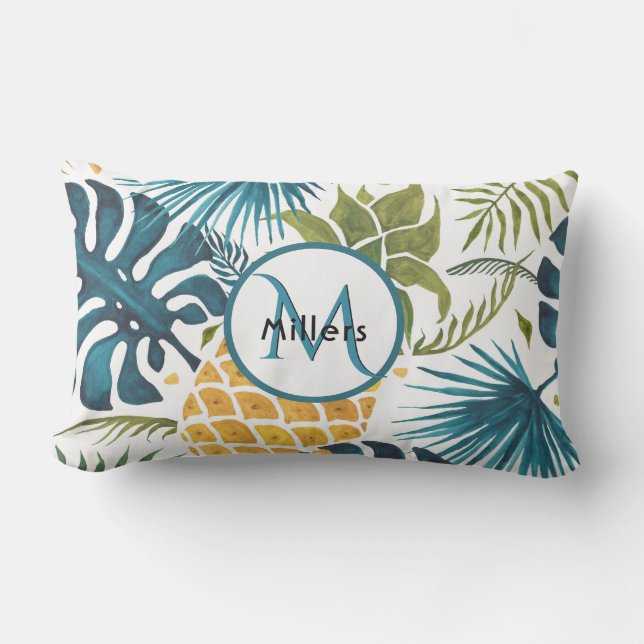 Pineapple tropical blue white monogram lumbar cushion (Front)