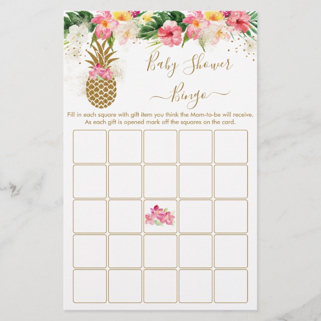 Pineapple Tropical Floral Baby Shower Bingo Game (Front)