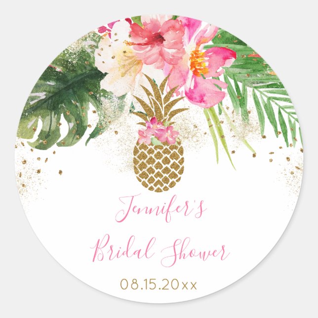 Pineapple Tropical Floral Bridal Shower Classic Round Sticker (Front)