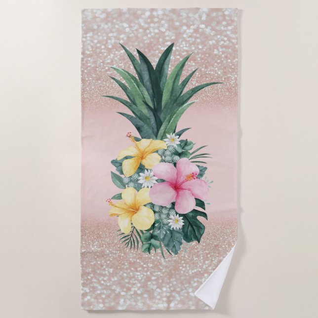 Pineapple Tropical Flowers Glitter Bokeh Beach Towel (Front)