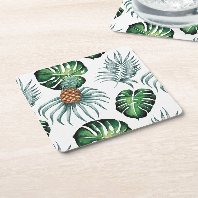 Pineapple Tropical fruit & leaf watercolor pattern Square Paper Coaster (Angled)