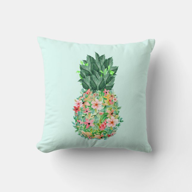 Pineapple Tropical Watercolor Flowers Cushion (Front)