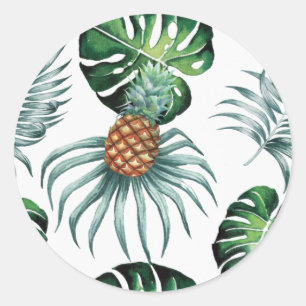 Pineapple Tropical Watercolor Jungle Palm Pattern Classic Round Sticker