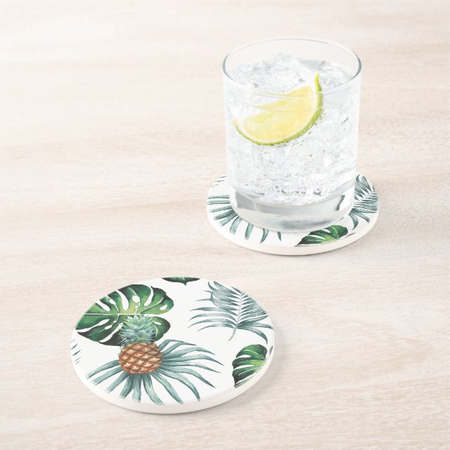 Pineapple Tropical Watercolor Jungle Palm Pattern Coaster (Side)