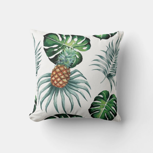 Pineapple Tropical Watercolor Jungle Palm Pattern Cushion (Front)