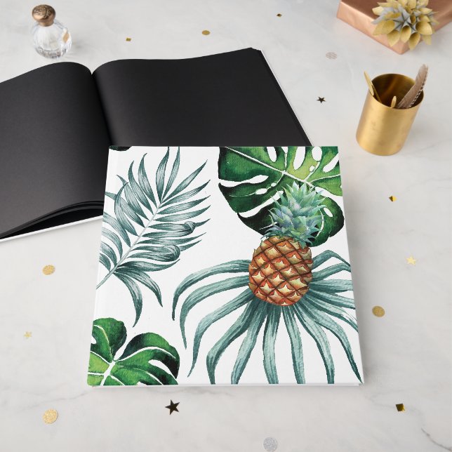 Pineapple Tropical Watercolor Jungle Palm Pattern Guest Book (Front Open)