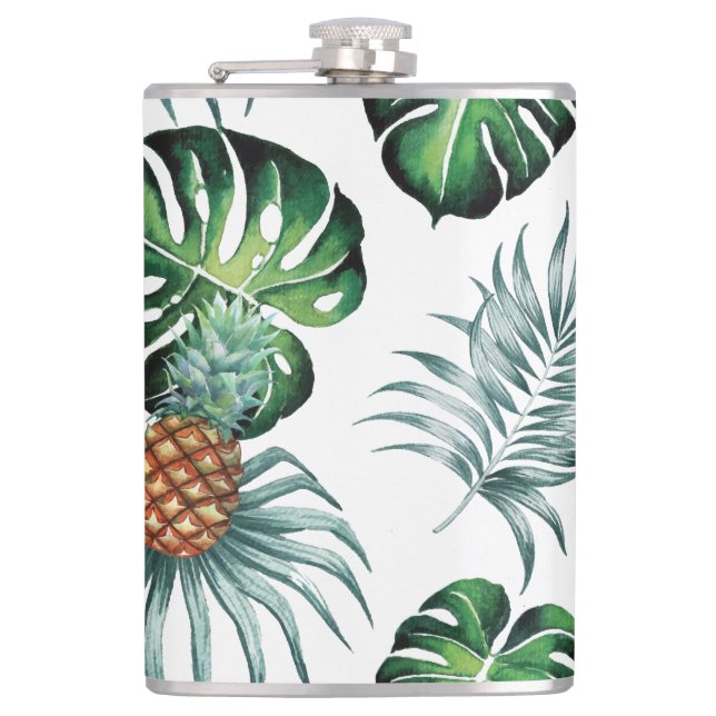 Pineapple Tropical Watercolor Jungle Palm Pattern Hip Flask (Front)