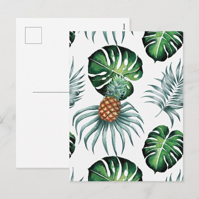 Pineapple Tropical Watercolor Jungle Palm Pattern Holiday Postcard (Front/Back)