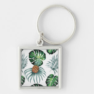 Pineapple Tropical Watercolor Jungle Palm Pattern Key Ring