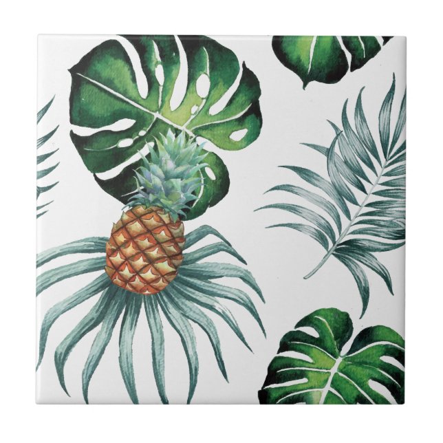 Pineapple Tropical Watercolor Jungle Palm Pattern Tile (Front)