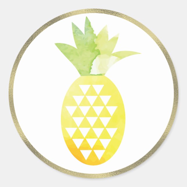 Pineapple Tropical Watercolor Simulated Foil Pina Classic Round Sticker (Front)
