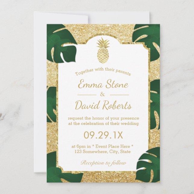 Pineapple Tropical Wedding Modern Gold Glitter Invitation (Front)