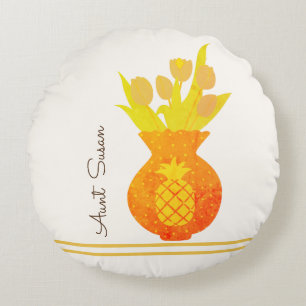 Pineapple Tulip Modern Floral Elegant Aunt Name Round Cushion