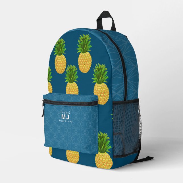 Pineapple Turquoise Blue Printed Backpack (Back Corner Right)