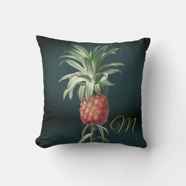 Pineapple Vintage Green Tropical Elegant Monogram Cushion (Front)