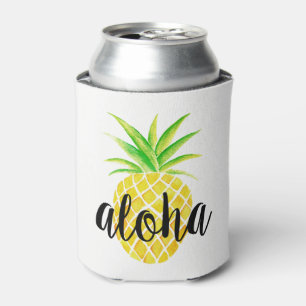 Pineapple Watercolor Aloha Tropical Monogram Can Cooler