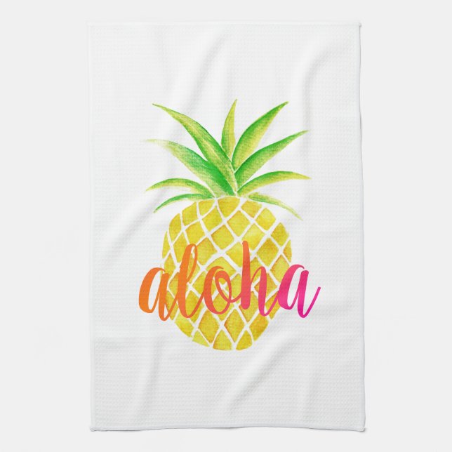 Pineapple Watercolor Aloha Tropical Pink Tea Towel (Vertical)