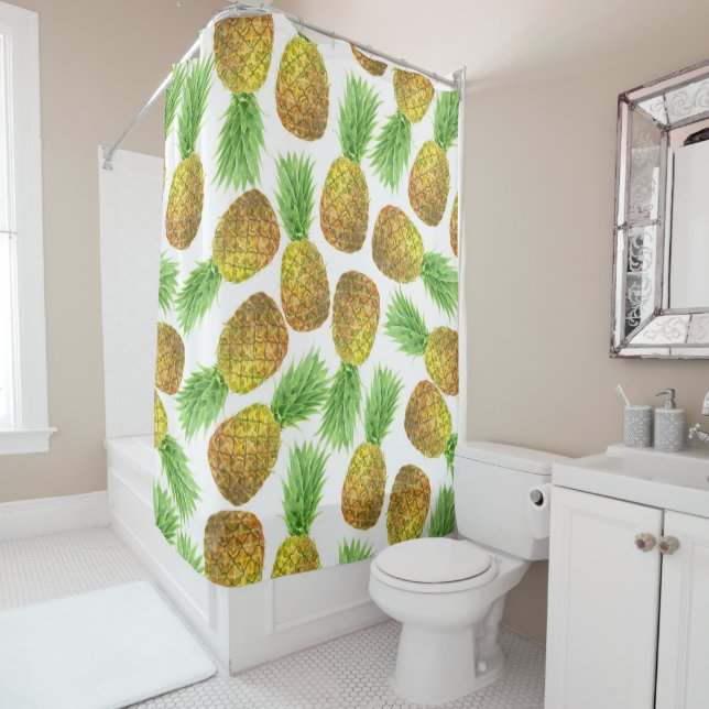 Pineapple watercolor pattern shower curtain (In Situ)