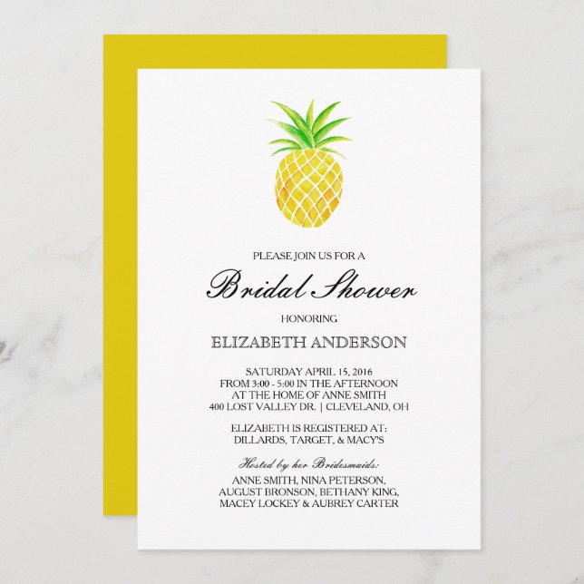 Pineapple Watercolor Tropical Bridal Shower Invitation (Front/Back)