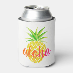Pineapple Watercolor Tropical Monogram Can Cooler