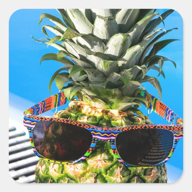 Pineapple wearing sunglasses at swimming pool square sticker (Front)