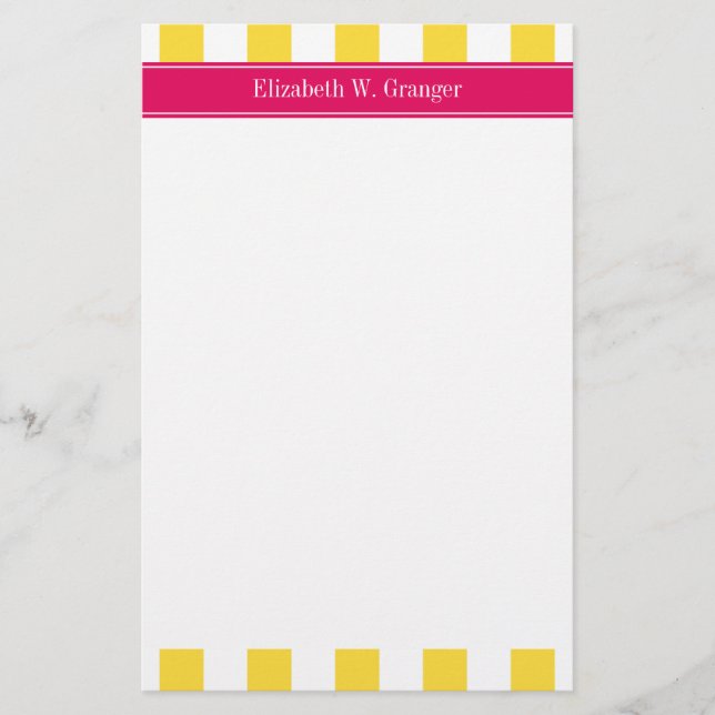 Pineapple White XL Stripes,Raspberry Name Monogram Stationery (Front)