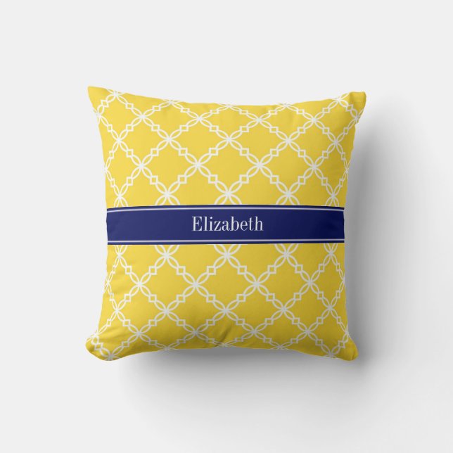 Pineapple Wht Fancy Quatrefoil Navy Name Monogram Cushion (Front)